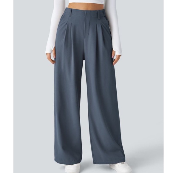 HALARA Pants - NWT Halara Flex High Waisted Pleated Wide Leg Waffle Work Pants Blue Size S